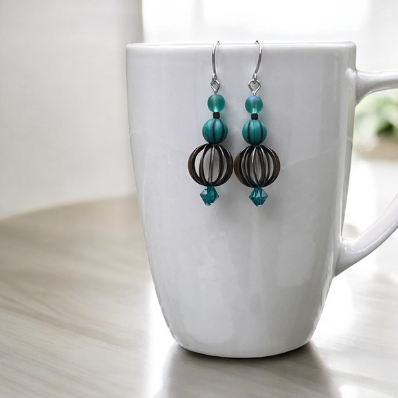 Hand crafted Teal and Brass Earrings - Picture 4 of 10